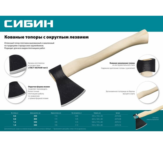 Кованый топор с округлым лезвием СИБИН 1200 г 2070-12