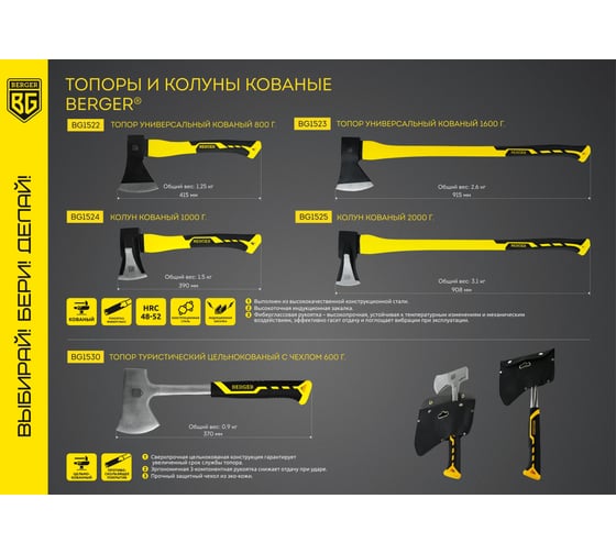 Кованый колун Berger BG 2000 г, фибергласовая рукоятка BG1525
