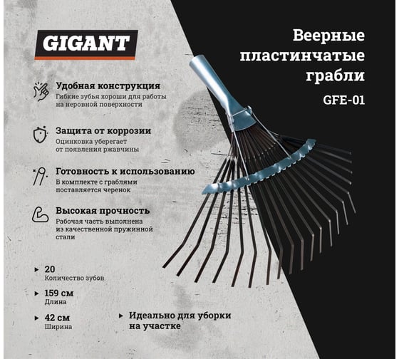 Пластинчатые веерные грабли с деревянным черенком Gigant 20 зубьев, оцинкованные GFE-01