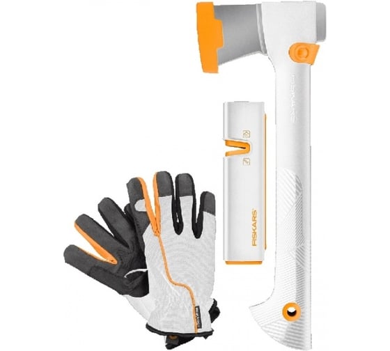 Набор топор белый + точилка + перчатки в тубусе Fiskars 129040
