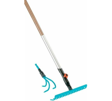 Комплект: рыхлитель 9см насадка для комбисистемы + грабли 30см насадка для комбисистемы + ручка деревянная эргономичная 130см для комбисистемы Gardena 03004-20.000.00