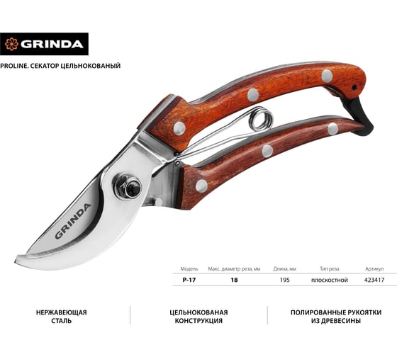 Компактный плоскостной секатор Grinda PRO Line из нержавеющей стали 423417