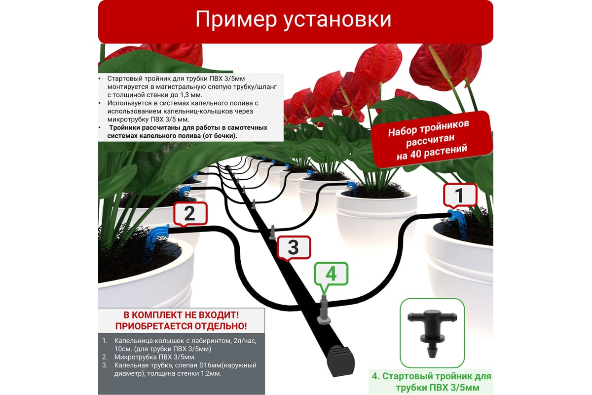 Стартовый тройник ПоливНаДаче разборный, для трубки пвх 3/5мм. упаковка 20  шт GS.3133P.20 - выгодная цена, отзывы, характеристики, фото - купить в  Москве и РФ