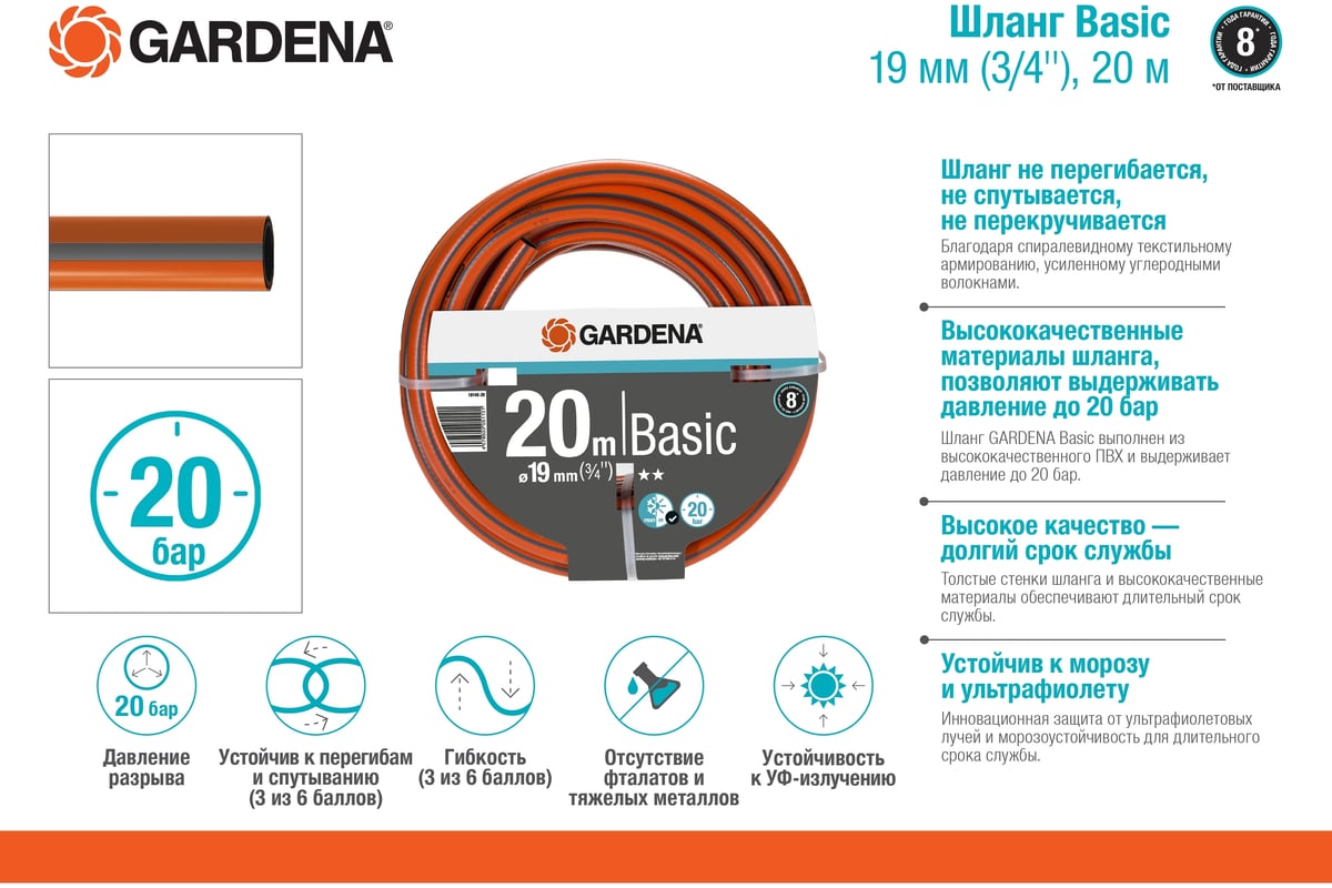 Шланг Gardena Basic, 19 мм, 20 м 18145-29.000.00 - выгодная цена .