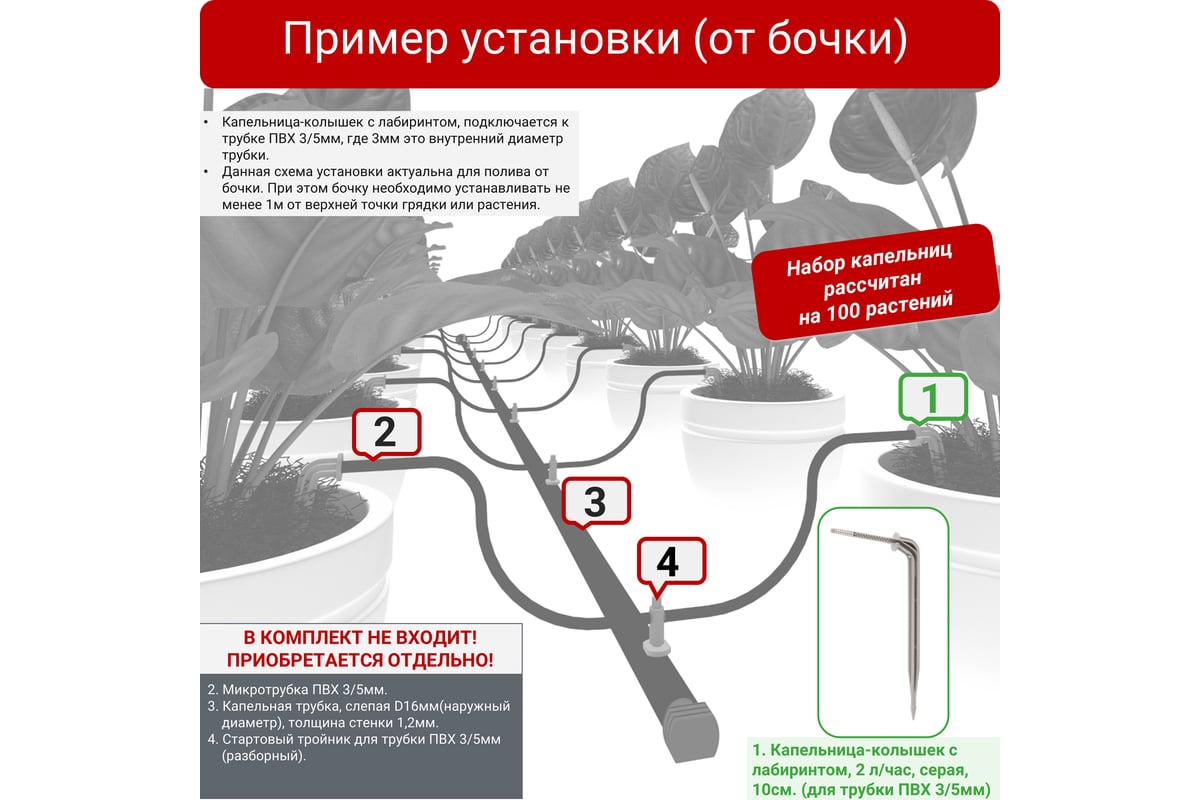 Капельница г-образная с лабиринтом ПоливНаДаче, 10см, 2л/ч, серая,  подключается к трубке пвх 3/5мм, упаковка 5000шт 2102H.5000