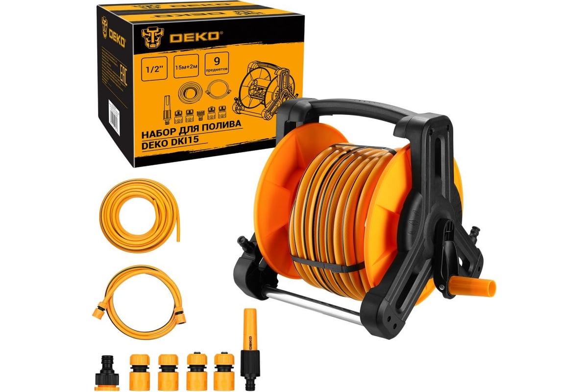 Набор для полива DEKO DKI15 катушка, шланг усиленный 1/2 15 м + 2 м ...