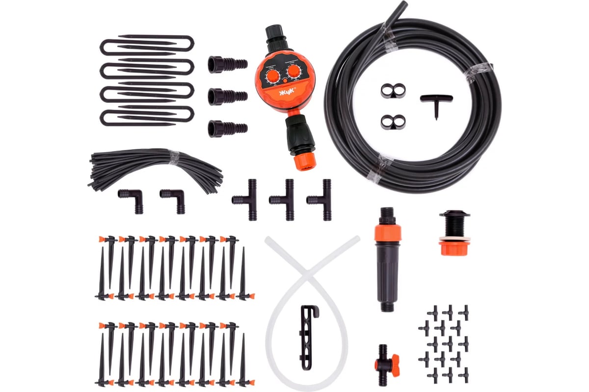 Набор для капельного полива с регулируемыми капельницами, от емкости, на 60 растений, с таймером, Жук, 7305-00