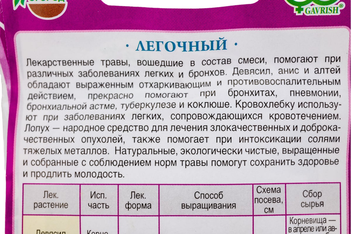 Семена ГАВРИШ Лекарственный огород Легочный 0.7 г 1911442 - выгодная цена,  отзывы, характеристики, фото - купить в Москве и РФ