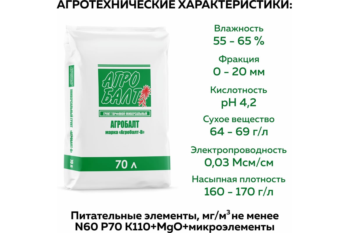 Грунт для рассады Агробалт торфянной кислый 70 л T001В-70 - выгодная цена,  отзывы, характеристики, фото - купить в Москве и РФ