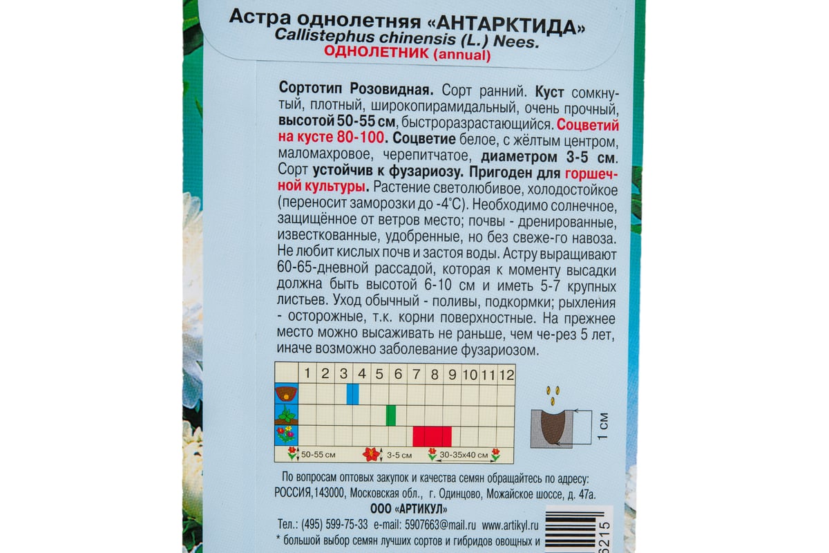 Семена АРТИКУЛ Астра однолетняя Антарктида 0.2 г, евро, Розовидная, белая,  h=50-55 см, d=3-6 см 4630009396215