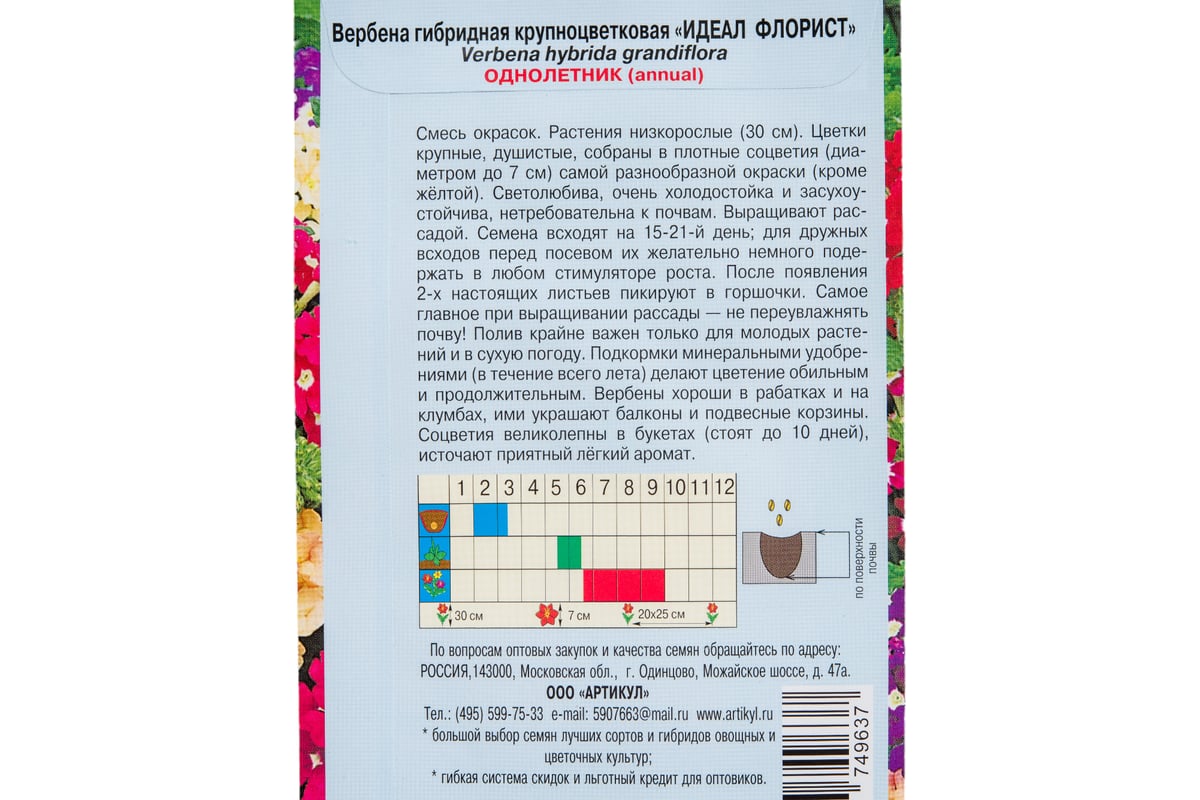 Семена АРТИКУЛ Вербена гибридная крупноцветковая Идеал Флорист 0.1 г,  однолетнее, евро, Игрушка, смесь, h=30 см, d=7 см 4607089749637 - выгодная  цена, отзывы, характеристики, фото - купить в Москве и РФ