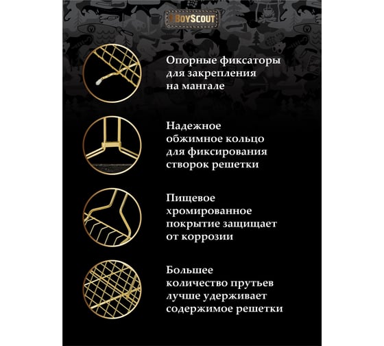Решётка-гриль для стейков BOYSCOUT gold, 70(+5)х45х27х2 см 61902