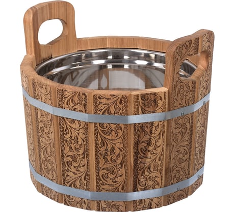 Ушат шайка c нержавеющей вставкой Банные Штучки Цветочный орнамент 10 л, дуб 33372