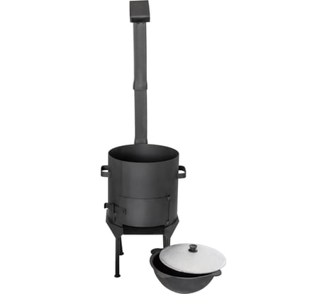 Комплект Davr Metall: казан с печкой 10 л, плоское дно, с дымоходом, съемные ножки, казан_печь10П(с-н)