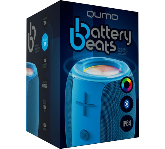 Колонка беспроводная QUMO BatteryBeats ВТ 053, BT5.0,5 Вт, IP64, FM, SD, USB, AUX, подсветка, 1500мАч, сн. 33038