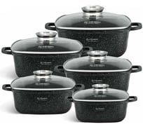 Набор квадратных казанов Edenberg 12 предметов, черный мрамор, 2.8/3.7/4.4/5.5/6.5 л EB-3986
