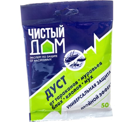 Дуст Двойной эффект от тараканов, блох, клопов, муравьёв Чистый дом 50 гр 02-452