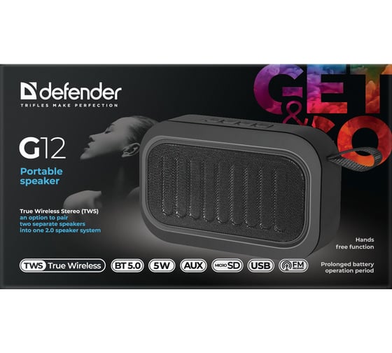 Портативная акустика DEFENDER G12, 5Вт, BT/FM/TF/USB/AUX/TWS, 65012