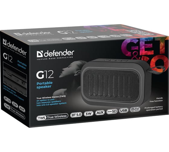 Портативная акустика DEFENDER G12, 5Вт, BT/FM/TF/USB/AUX/TWS, 65012