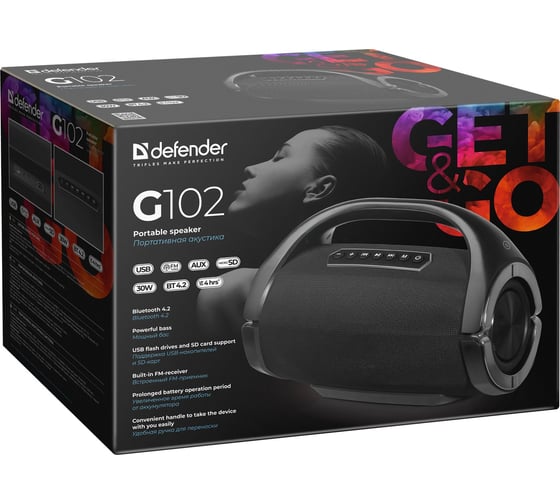 Портативная акустика DEFENDER G102, Bluetooth, 30Вт, FM/microSD/USB, 65690