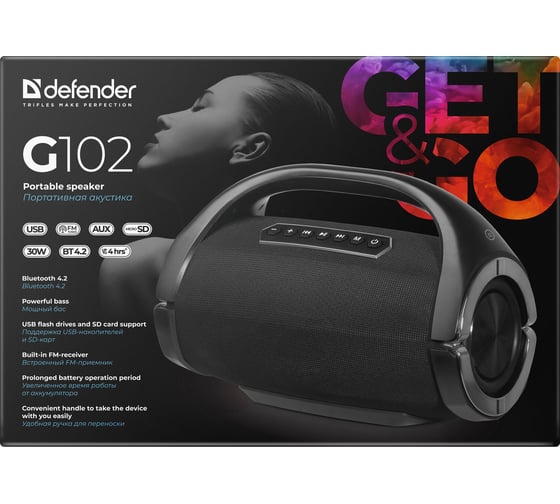 Портативная акустика DEFENDER G102, Bluetooth, 30Вт, FM/microSD/USB, 65690