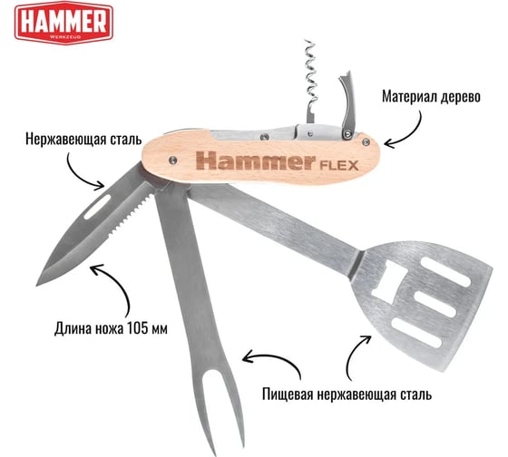 Мультитул для гриля HAMMER Flex 310-310, нержавеющая сталь, разборный, 5 приборов 530195