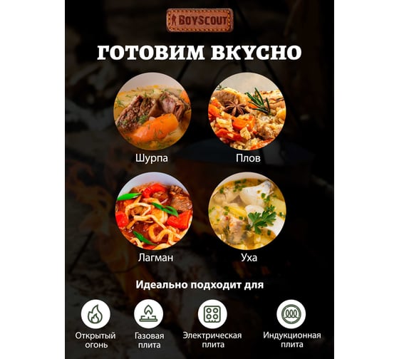 Казан чугунный с крышкой и дужкой BOYSCOUT 12 л, в чехле, азиатская чаша 61623