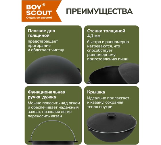 Казан чугунный с крышкой и дужкой BOYSCOUT 12 л, в чехле, азиатская чаша 61623