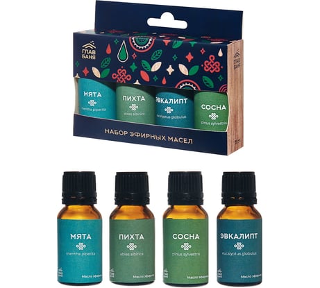 Набор масел эфирных ГлавБаня пихта, мята, сосна, эвкалипт, 4x15мл Б7001