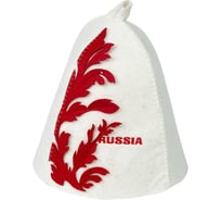 Шапка банная с вышивкой и аппликацией Невский Банщик "RUSSIA", фетр белый, орнамент красный Б4551