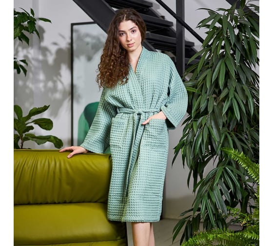 Халат вафельный женский удлиненный Этель "Boho" р. 42-44, мятный, 100% хлопок, 290 г/м2 6243519