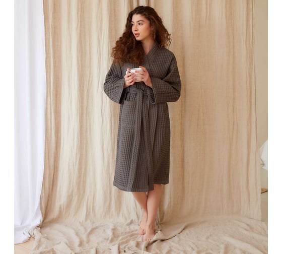 Халат вафельный женский удлиненный Этель "Boho" р. 50-52, светло-серый, 100% хлопок, 290 г/м2 6243567