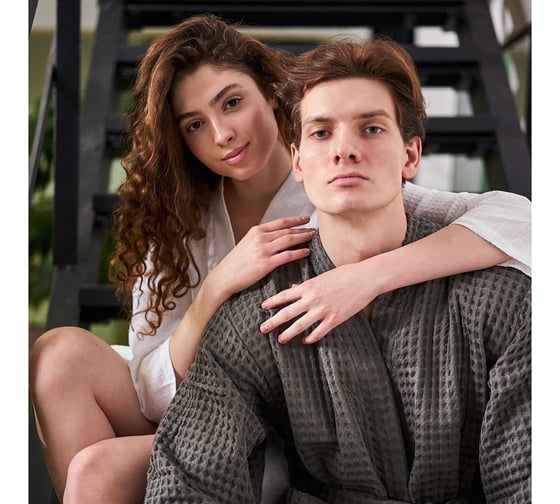 Халат вафельный мужской удлиненный Этель "Boho" р. 50-52, светло-серый, 100% хлопок, 290 г/м2 6243574