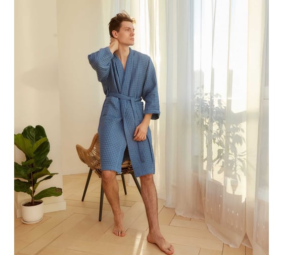 Халат вафельный мужской удлиненный Этель "Boho" р. 50-52, синий, 100% хлопок, 290 г/м2 6243570