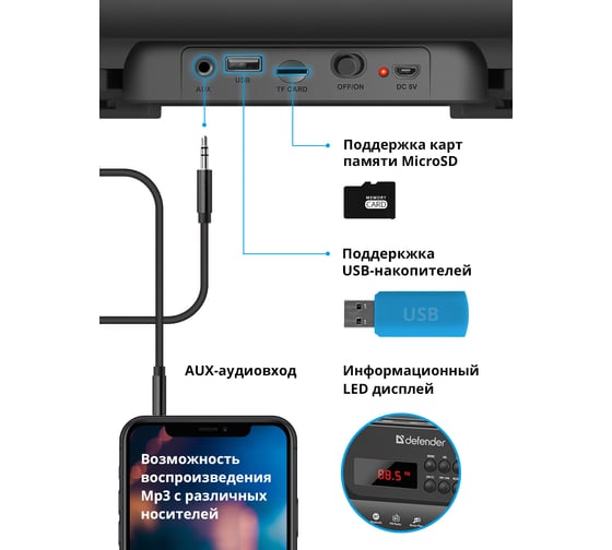 Портативная акустика DEFENDER G104 12Вт, Light/BT/FM/TF/USB/TWS 65104