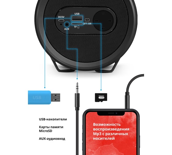 Портативная акустика DEFENDER Reactor 8Вт, Light/BT/FM/TF/USB/AUX 65121