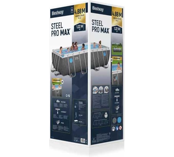 Каркасный прямоугольный бассейн BestWay Power Steel 488x244x122см, 11532л, фил.насос 3028л/ч, лестница, тент 561MB BW
