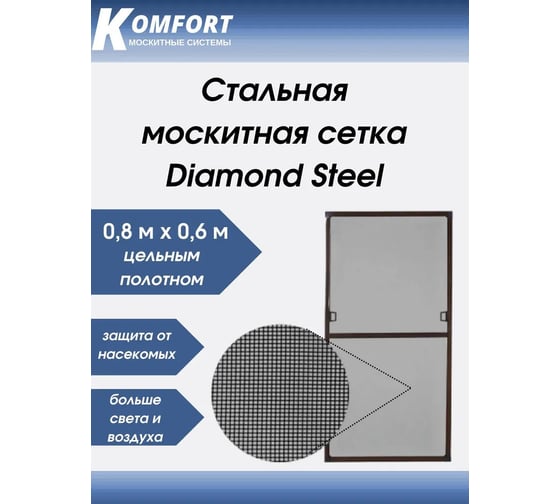 Москитная сетка Комфорт Стальная Diamond Steel полотно, черное, 800х600 мм МСЧ02003