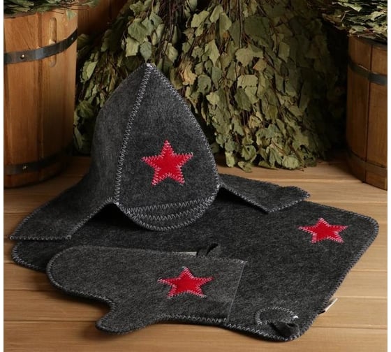 Набор для бани Добропаровъ Буденовец, серый, шапка, коврик, рукавица 1338111 1