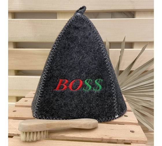 Банная шапка Банные Секреты Классическая, с вышивкой BOSS, серая 3103 1