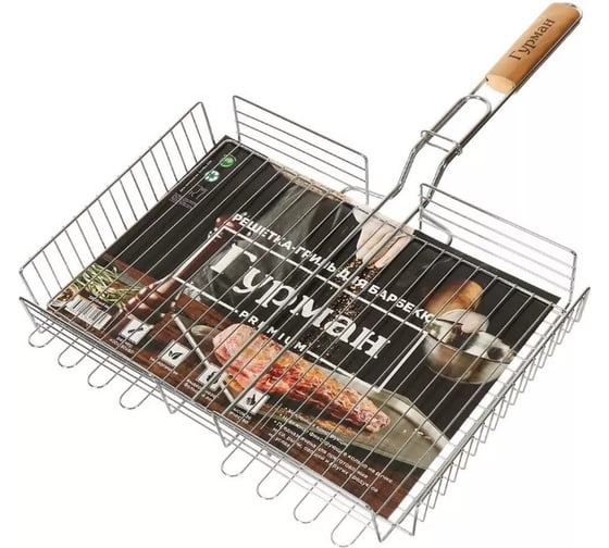 Решетка барбекю Гурман 400х280х60 мм, Люкс, хром, сталь, рукоять дерево 22003-enf-lac 353113 1