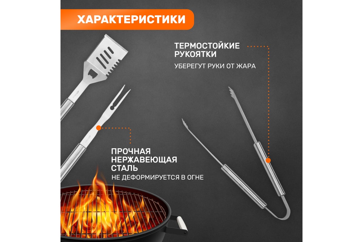 Набор: щипцы, вилка и лопатка для барбекю и гриля СОКОЛ Стандарт 62 ...