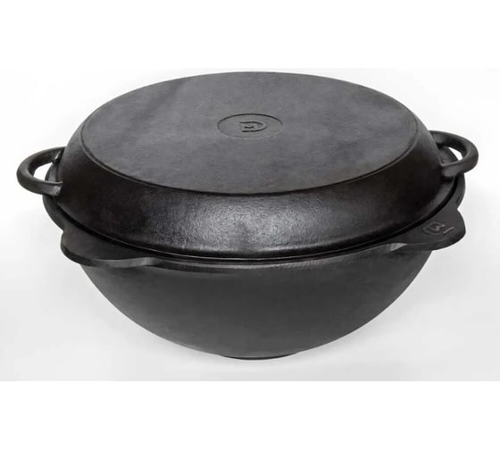 Казан чугунный с печкой Davr Metall 22л и крышкой сковородкой (круглое дно) с дымоходом, съемные ножки печь22л(ЛАЙТ)+казан22(круг)+крыш(сков)22л
