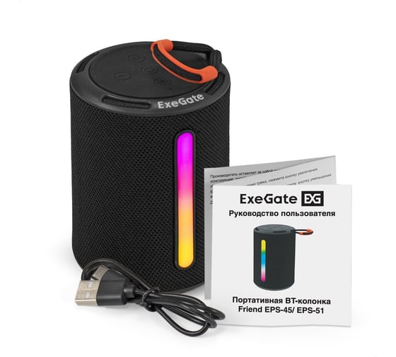 Портативная BT-колонка ExeGate Friend EPS-45 5Вт, 50-20000Гц, Bluetooth, с поддержкой USB и TF/microSD карт, FM, Li-Ion 500mAh, цвет черный, RGB подсветка 289731