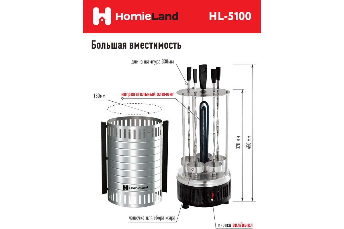 Электрическая шашлычница HomieLand HL-5100 1000 Вт 00-00014091 - выгодная  цена, отзывы, характеристики, фото - купить в Москве и РФ