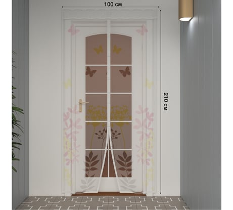 Дверная антимоскитная сетка с магнитным замком REXANT 210x100 см, белая с цветами 71-0224