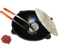 Чугунный казан Davr Metall Узбекский 8 л, плоское дно, с алюминиевой крышкой, с шумовкой, половником и специями КазУз8ЛПШПС