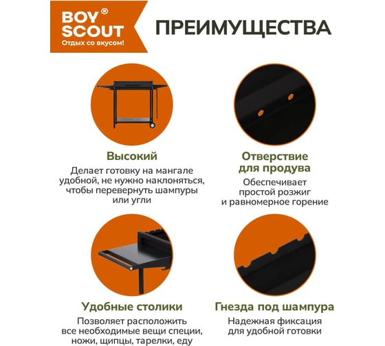 Мангал BOYSCOUT 1220x490x800 мм, с 2-мя столиками, дровницей и кочергой на колесах, сталь 2 мм 61617