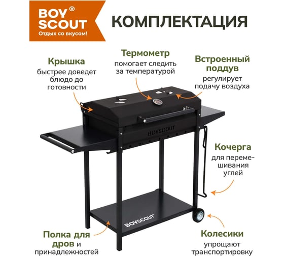 Мангал-гриль BOYSCOUT 1220x490x900 мм, с 2-мя столиками, крышкой, термометром, дровницей и кочергой на колесах 61616