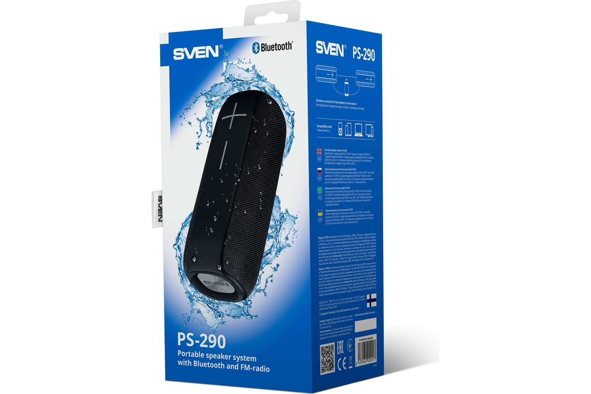 Портативная колонка SVEN АС PS-290 черная, 20 Вт, Waterproof (IPx6), TWS,  Bluetooth, FM, USB, microSD, 3000 мА*ч SV-020217 - выгодная цена, отзывы,  характеристики, фото - купить в Москве и РФ